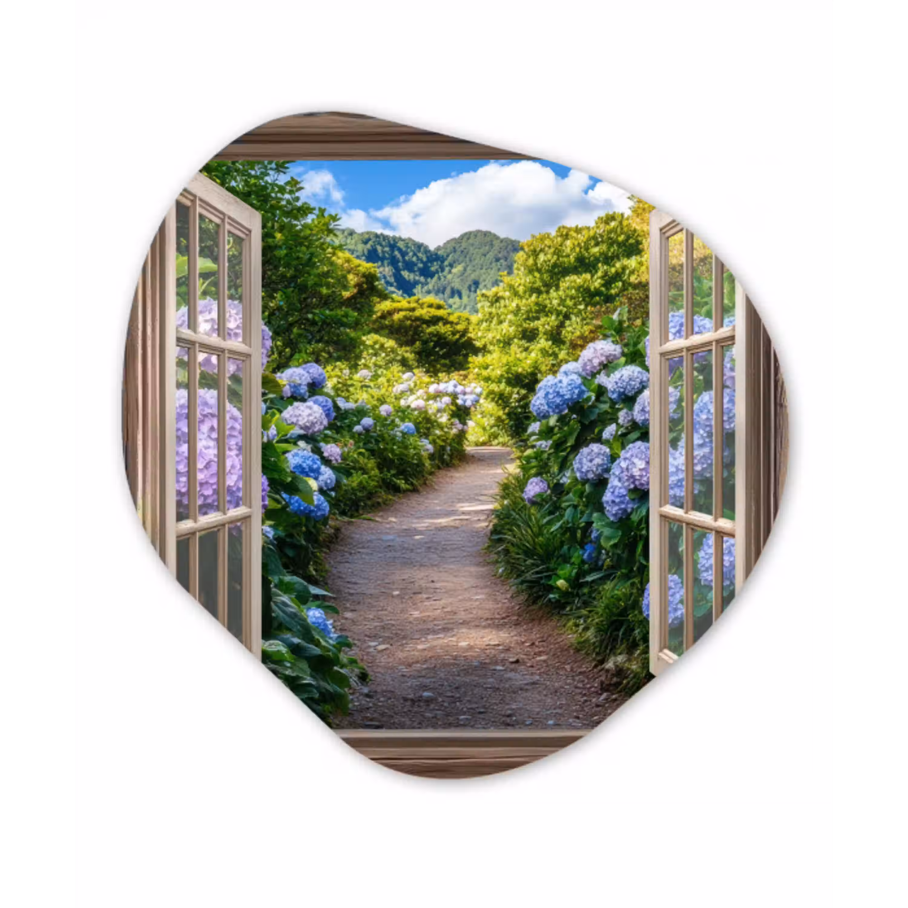 Doorkijk - Hortensia - Pad - Natuur Wandcirkel Organisch Aluminium middel -3d