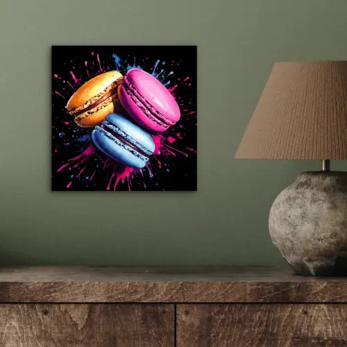 Macarons - Dessert - Graffiti - Kleurrijk - Roze - Blauw - Geel aluminium wit klein -sfeer2