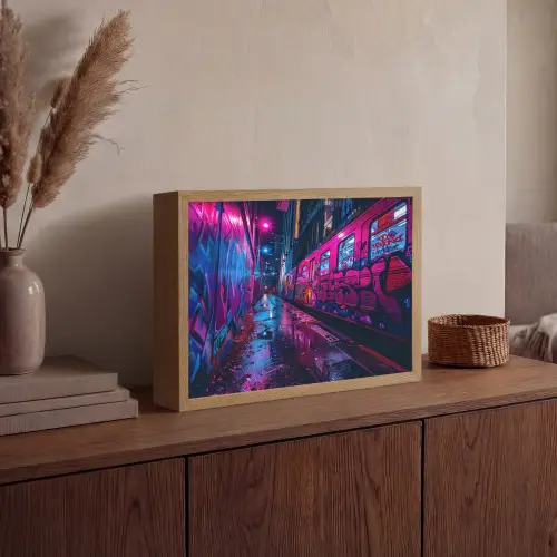 Stad - Neon -  Nacht - Roze - Graffiti Light Box met batterij (Wandlamp) middel -sfeer2