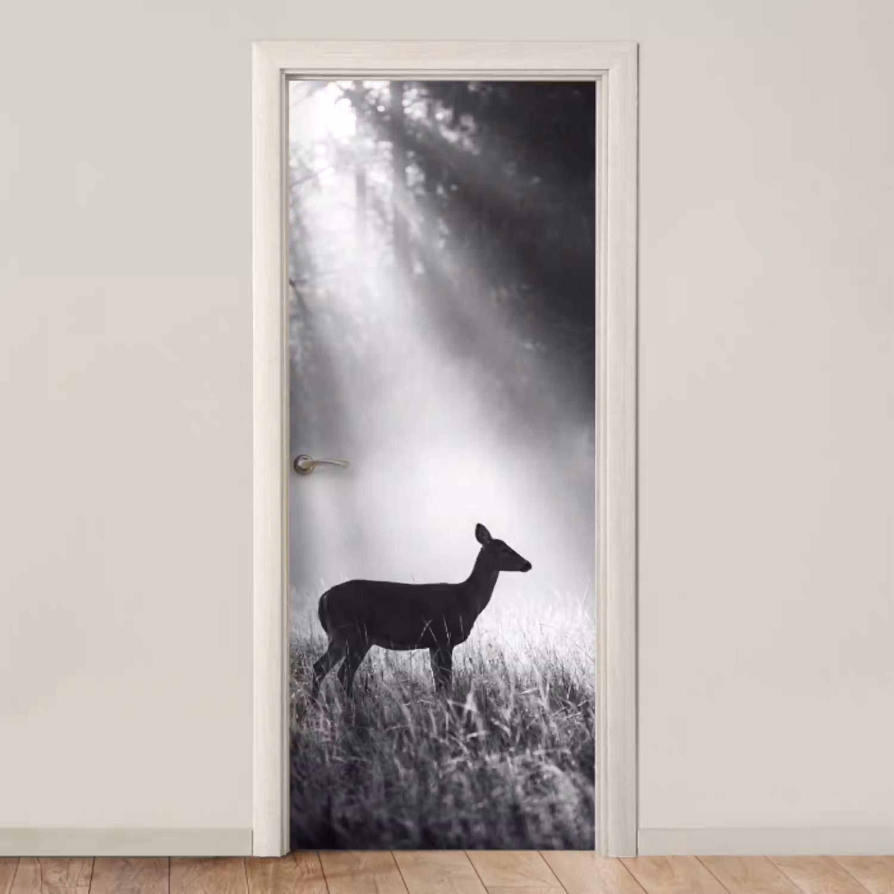 Hert - Bos - Zonnestralen - Zwart-wit - Natuur deurposter klein -3d_beige