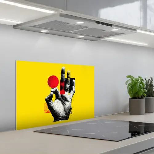 Hand - Rode cirkel - Geel keuken achterwand spatscherm klein -3d_schuin