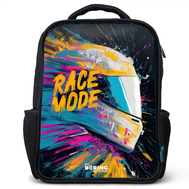 Rugzak kind met naam - Zwart - Racehelm - Verfspatten - Penseelstreken - Race mode