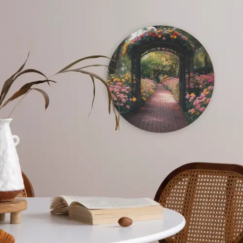 Doorkijk - Bloemen - Pad - Natuur - Kleurrijk Akoestische PET Vilt - Rond klein -sfeer3