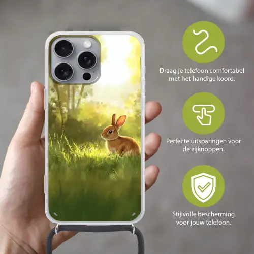 Konijn - Zonlicht - Bos Hoesje iPhone 16 Pro Max met koord klein -sfeer2_NL