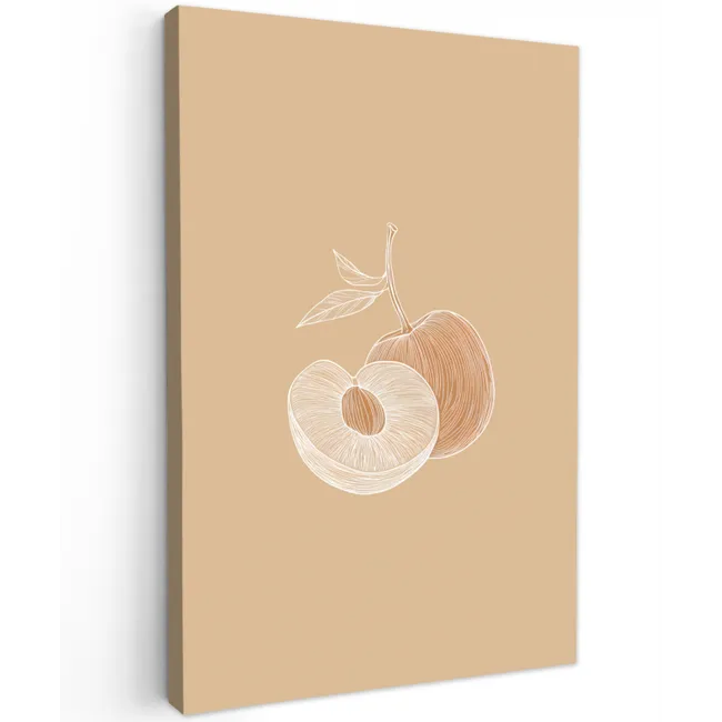 Perzik - Lijntekening - Pit - Beige Tuinposter op houten frame 2 cm dik klein -3d