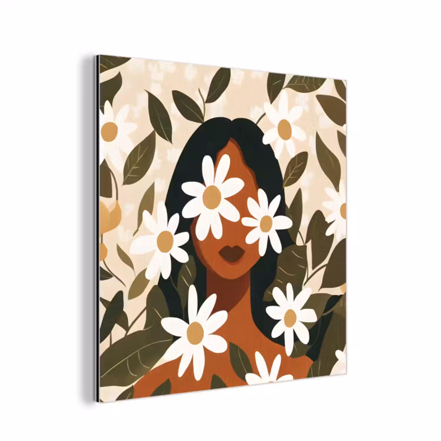 Aluminium schilderij - Illustratie - Vrouw - Madeliefjes - Wit