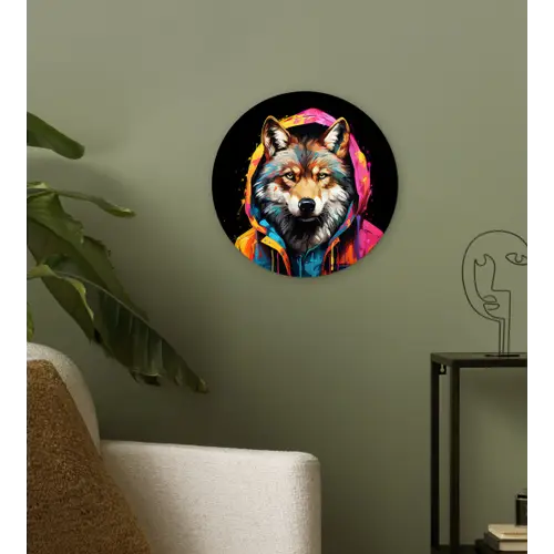 Graffiti - Wolf - Jas - Zwart Wandcirkel kunststof plaat 5mm dik klein -sfeer3