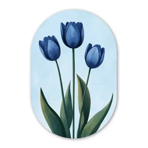 Tulpen - Blauw - Bladeren Wandcirkel Ovaal Glas middel -3d