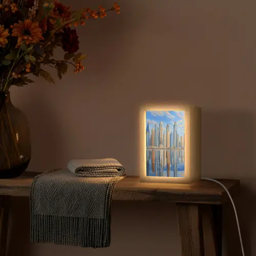 Skyline - Wolkenkrabbers - Water - Blauw Light Box met kabel (Tafellamp) klein -sfeer4
