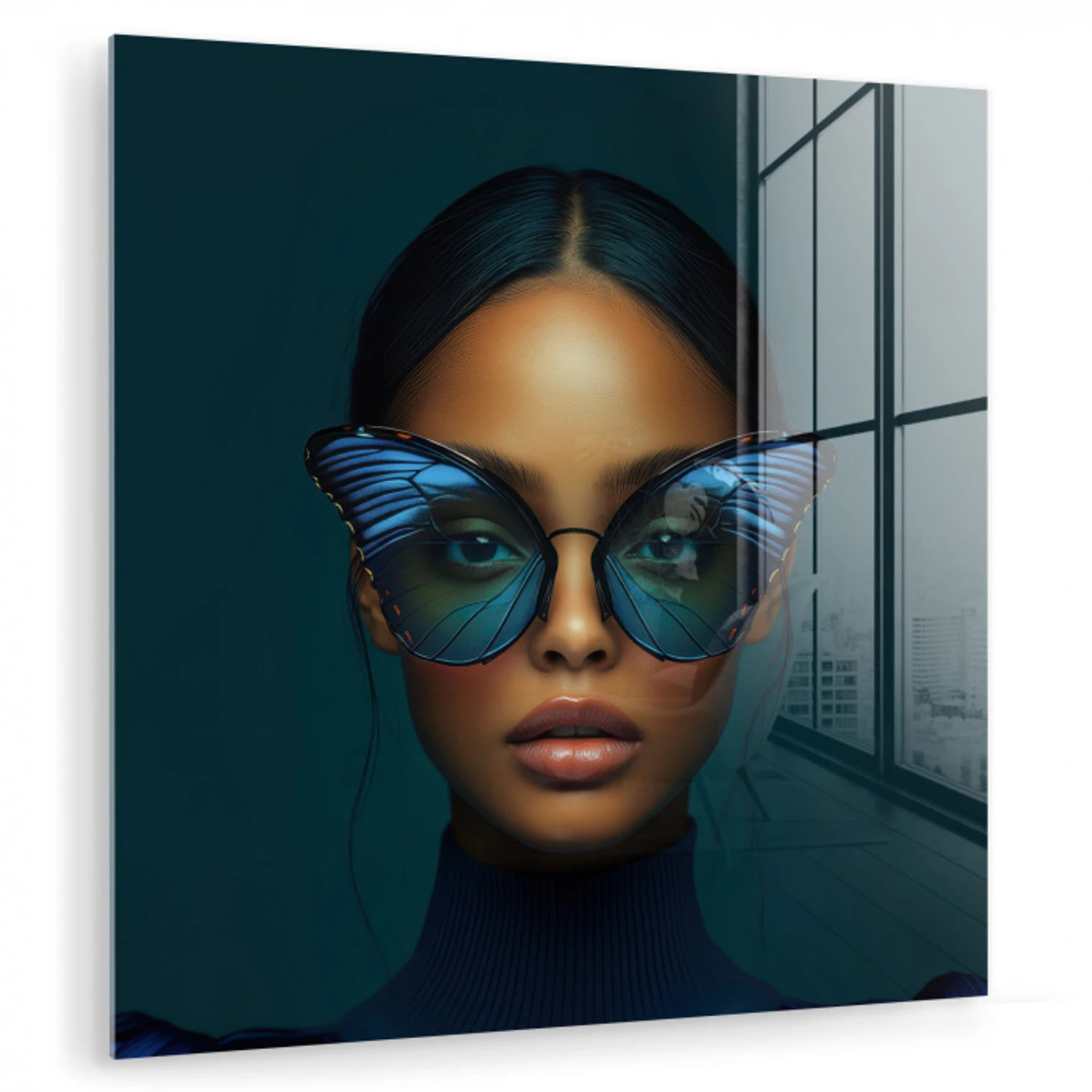 Vrouw - Vlinder - Bril - Blauw - Modern - Portret plexiglas 5mm klein -zzzproduct_nieuw