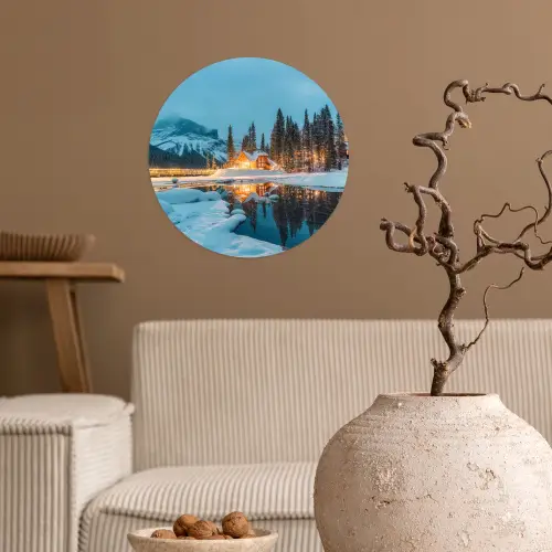 Winterlandschap - Natuur - Huis - Bergen - Sneeuw Wandcirkel behangsticker klein -sfeer1