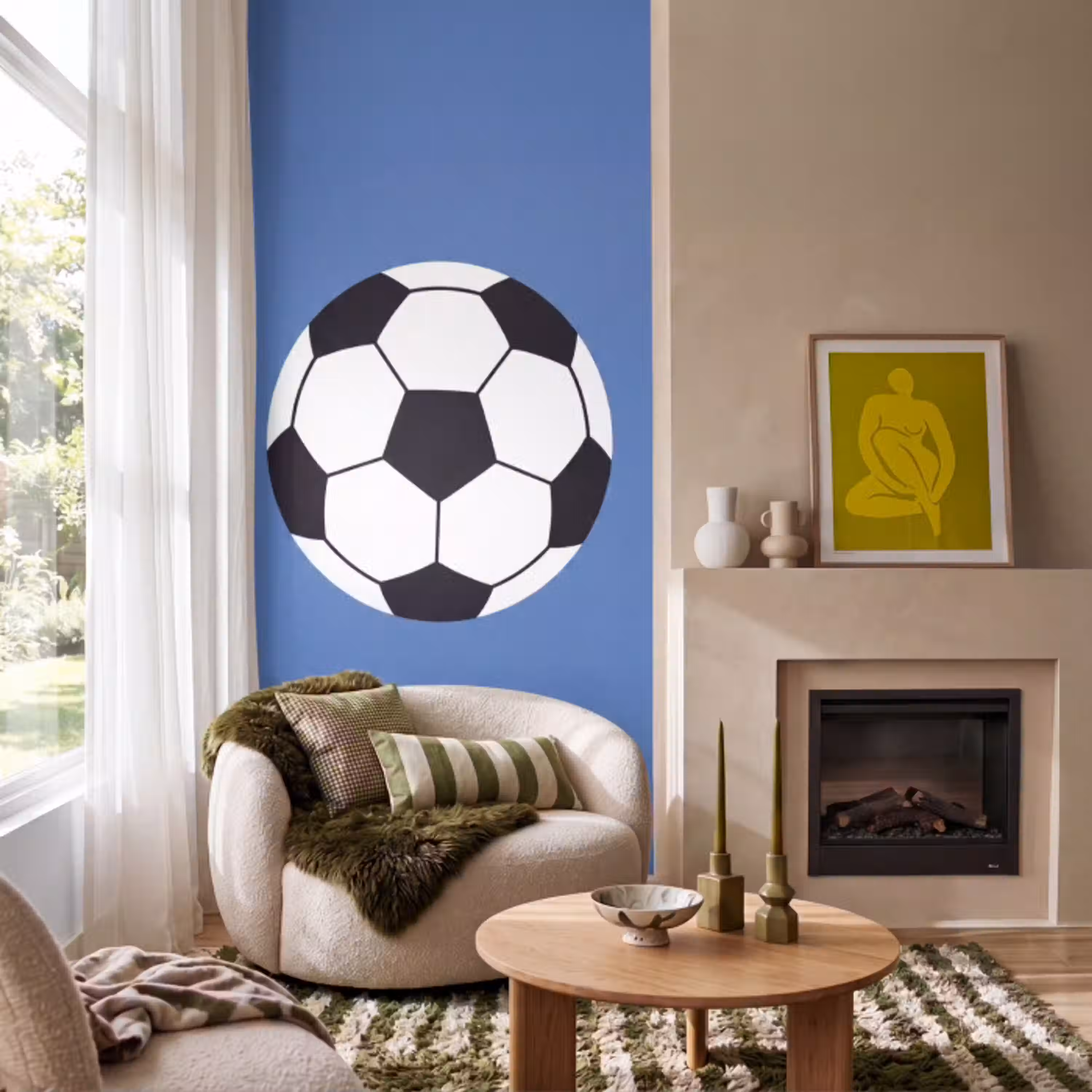 Voetbal - Zwart-wit - Sport - Illustratie - Blauw Behang Vlies klein -sfeer2