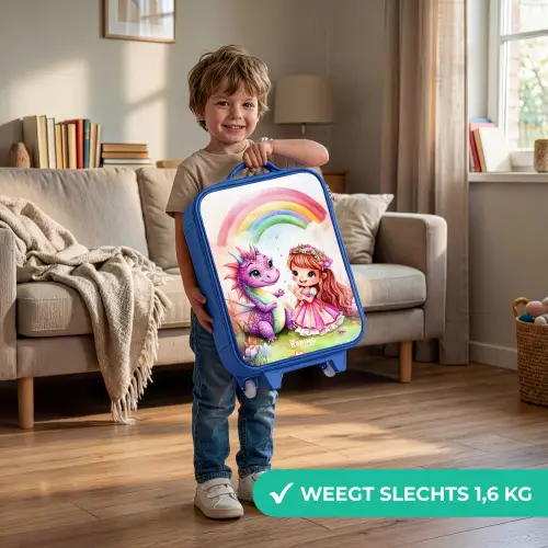 Meisje met paarse draak onder regenboog Kinderkoffer - Blauw klein -sfeer2_NL