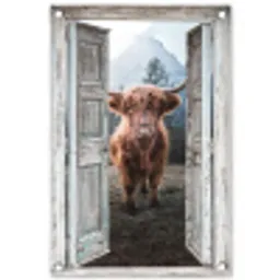 Oude deuren naar Schotse Hooglander tuinposter los doek klein -3d