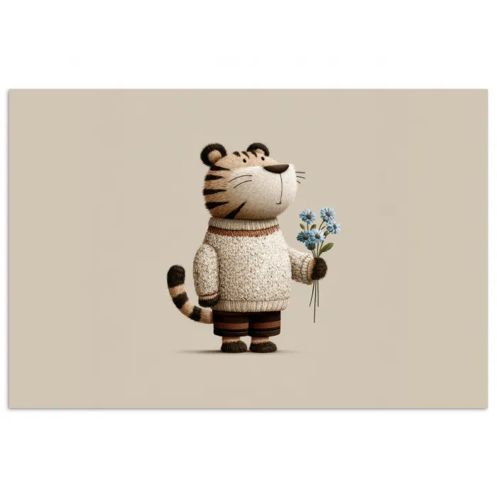 Tijger - Blauwe bloemen - Rustig poster papier klein -3d