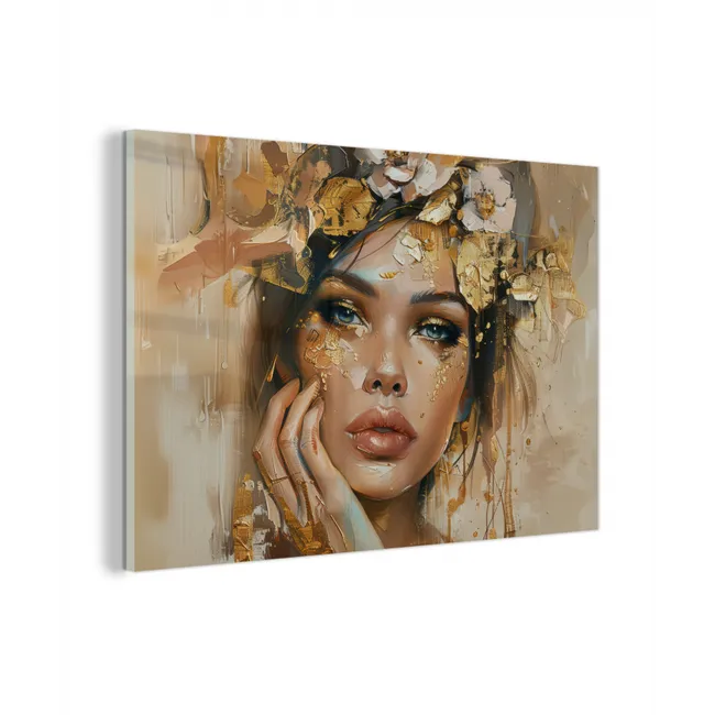 Glas schilderij - Vrouw - Bloemen  - Goud - Portret