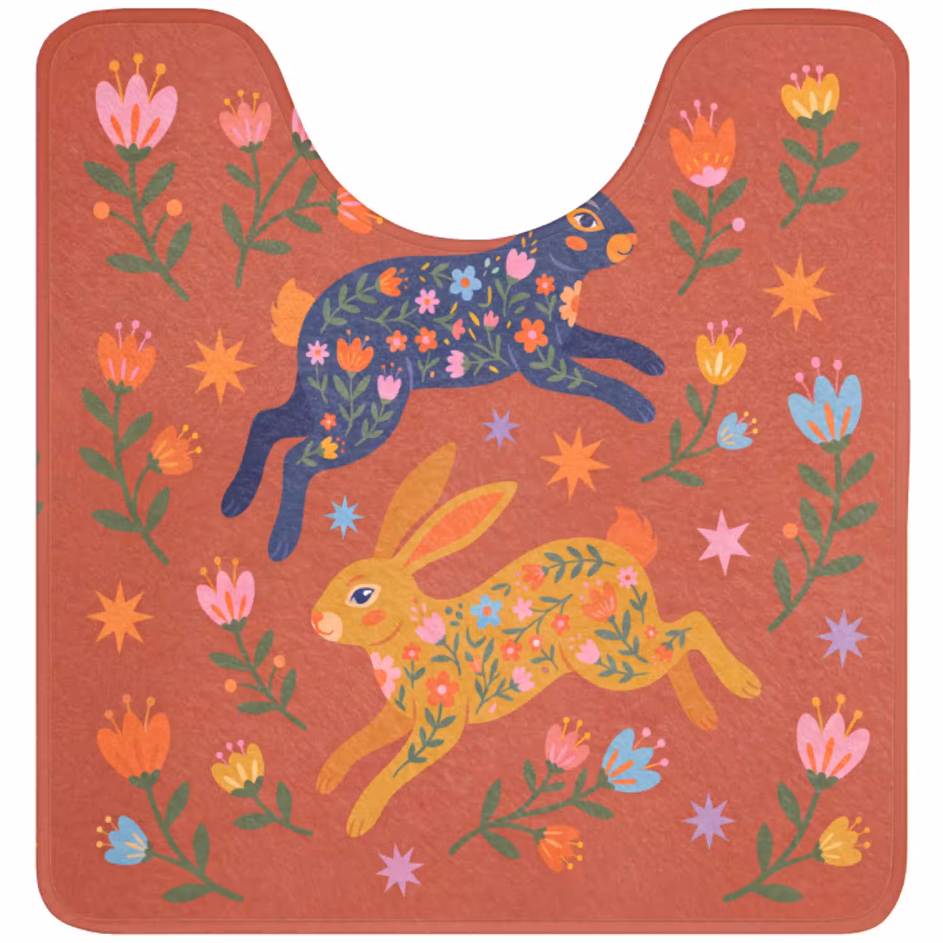 Konijn - Bloemen - Folk Art - Kleurrijk - Dieren WCmat U-uitsnede middel -3d
