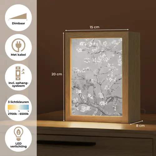 Amandelbloesem - Kunst - Van Gogh - Grijs Light Box met kabel (Tafellamp) klein -USP_NL