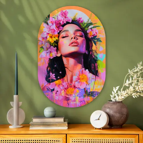 Portret - Bloemenkroon - Vrouw Wandcirkel Ovaal Glas middel -sfeer2