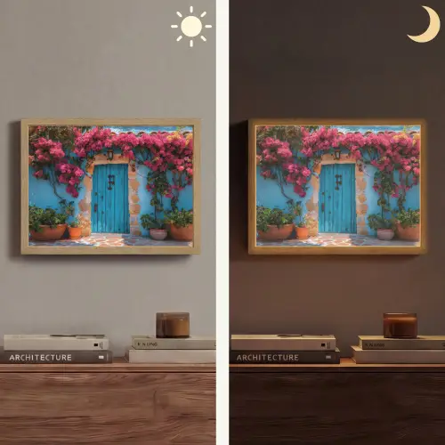 Deur - Hout - Bloemen - Blauw Light Box met batterij (Wandlamp) middel -sfeer3