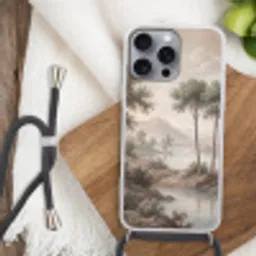 Bomen - Meer - Bergen - Illustratie Hoesje iPhone 16 Pro Max met koord klein -sfeer4