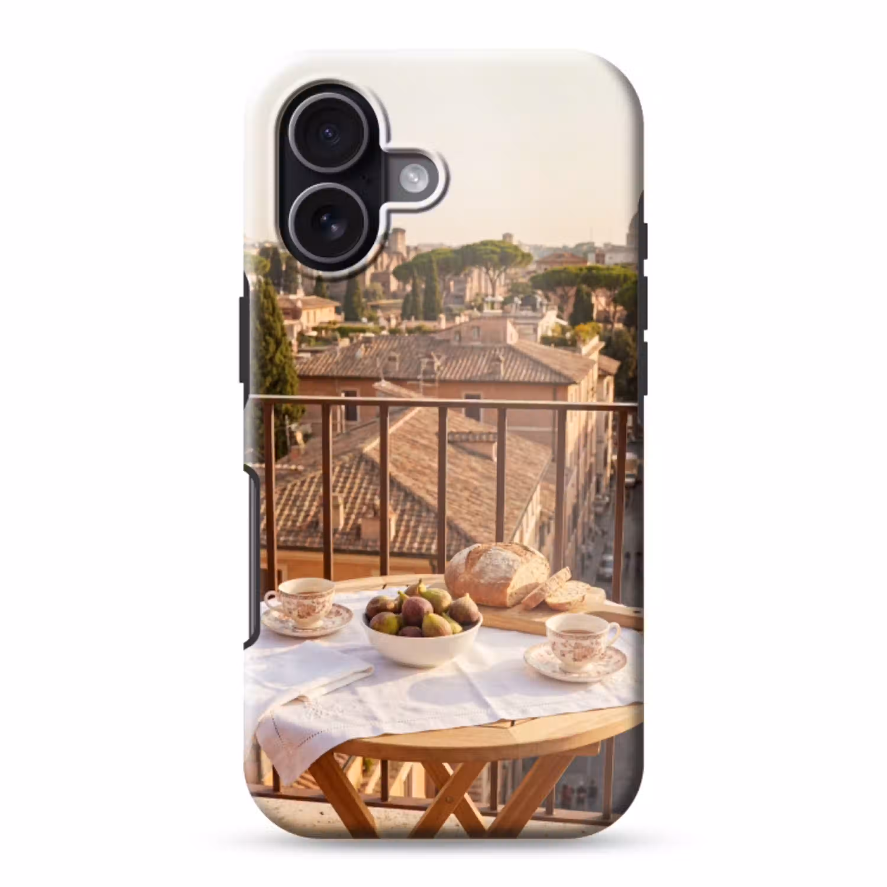 Eten - Ontbijt - Balkon - Stad - Zonsopgang Toughcase MagSafe Apple iPhone 17 klein -3d