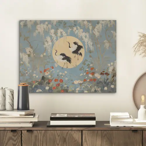 Kraanvogels - Maan - Bloemen - Blauw PET vilt klein -sfeer1