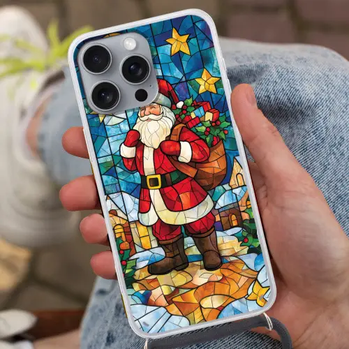 Kerstman - Glas - Kleurrijk Hoesje iPhone 16 Pro Max met koord klein -sfeer3