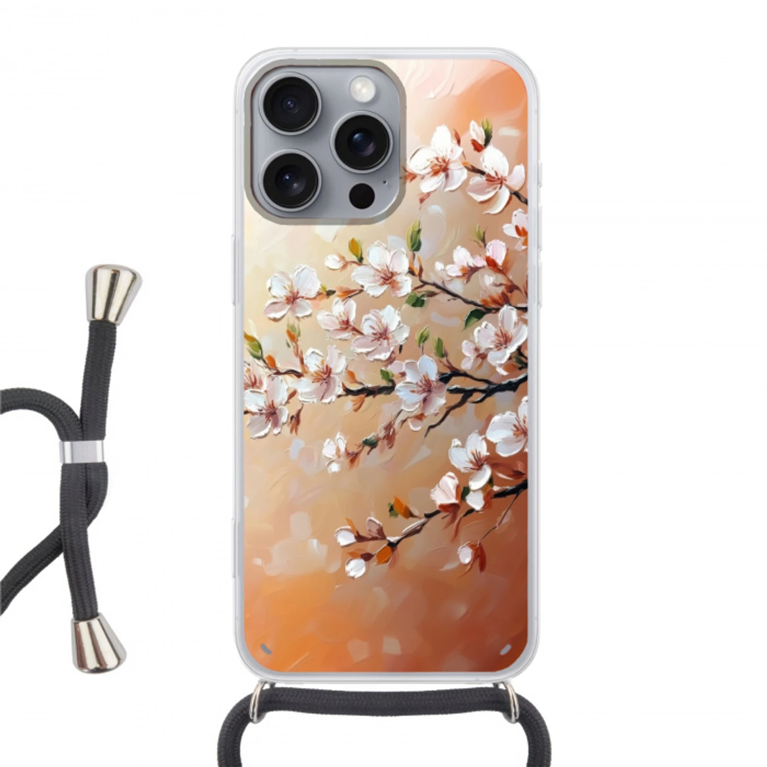 Bloesemtakken - Schilderachtig - Roze Hoesje iPhone 16 Pro Max met koord klein -3d