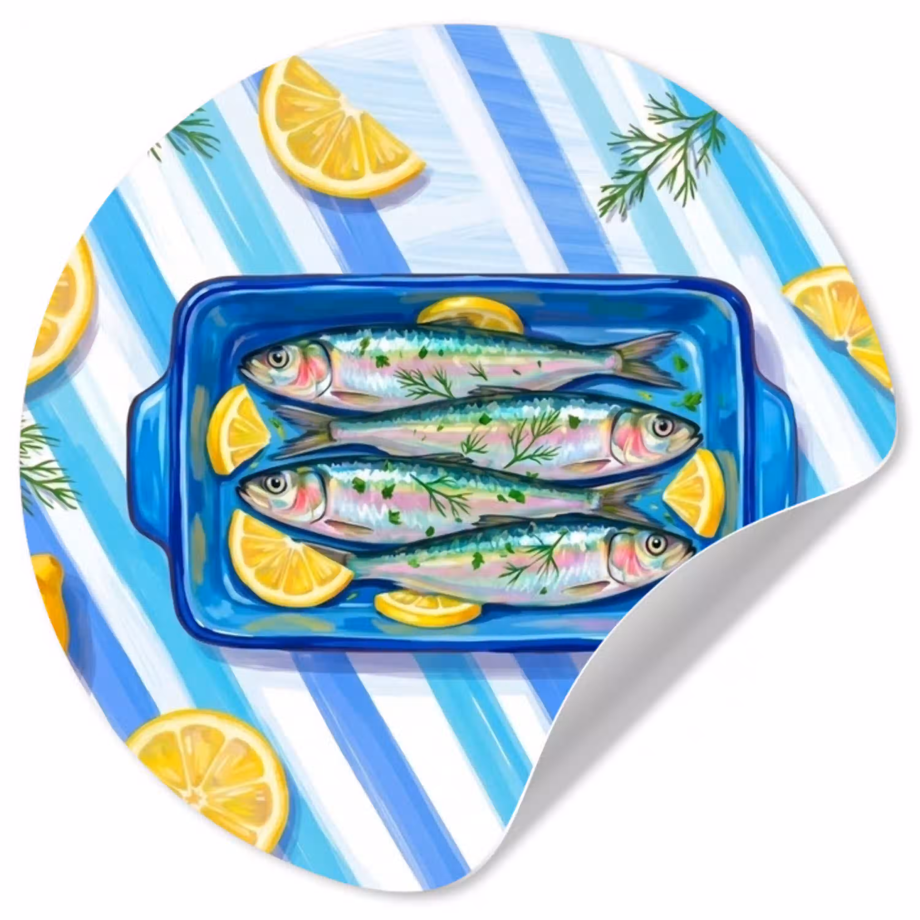 Vis - Citroen - Kruiden - Eten - Blauw Wandcirkel behangsticker klein -3d