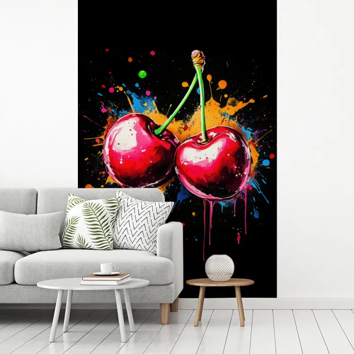Kersen - Fruit - Graffiti - Verf - Abstract - Modern - Kleurrijk fotobehang vinyl groot -woonkamer