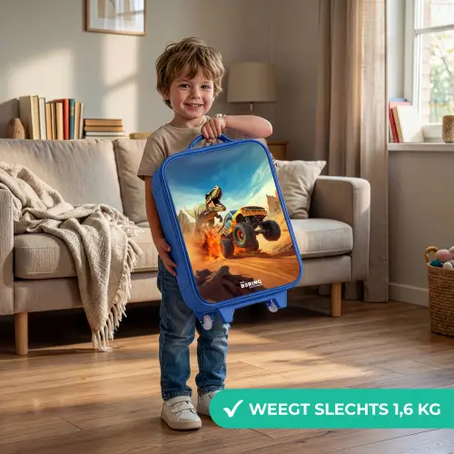 Vluchtende truck voor T-Rex in vurige woestijn Kinderkoffer - Blauw klein -sfeer2_NL