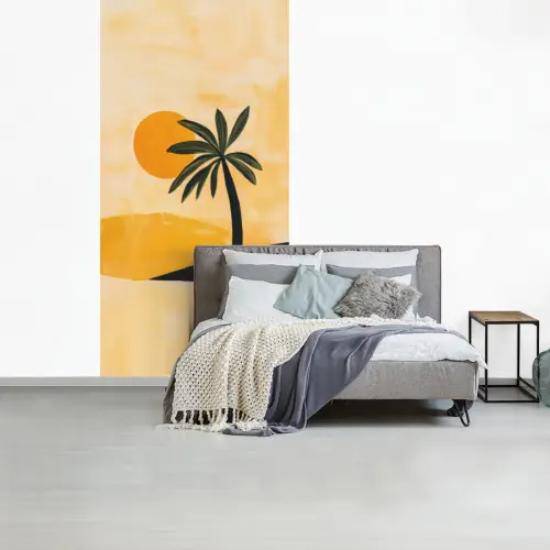 Illustratie - Palmboom - Zon - Heuvels fotobehang vinyl groot -slaapkamer