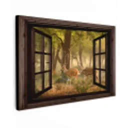 Herten - Bos - Herfst - Bosdieren - Natuur - Hert - Doorkijk Tuinposter op houten frame 2 cm dik klein -3d