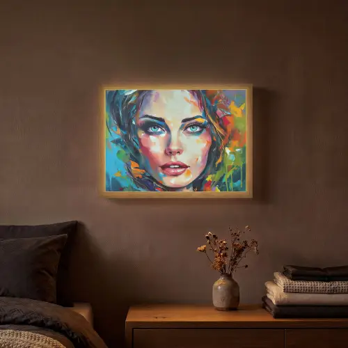 Gezicht - Vrouw - Olieverf - Kleurrijk - Kunst Light Box met batterij (Wandlamp) middel -sfeer4