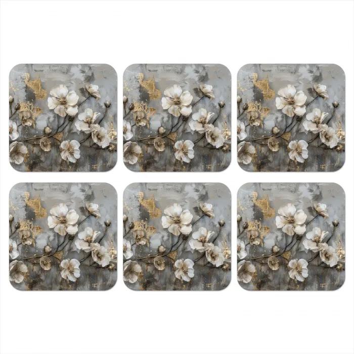 Bloemen - Wit - Grijs - Goud - Luxe onderzetter kurk middel -3d