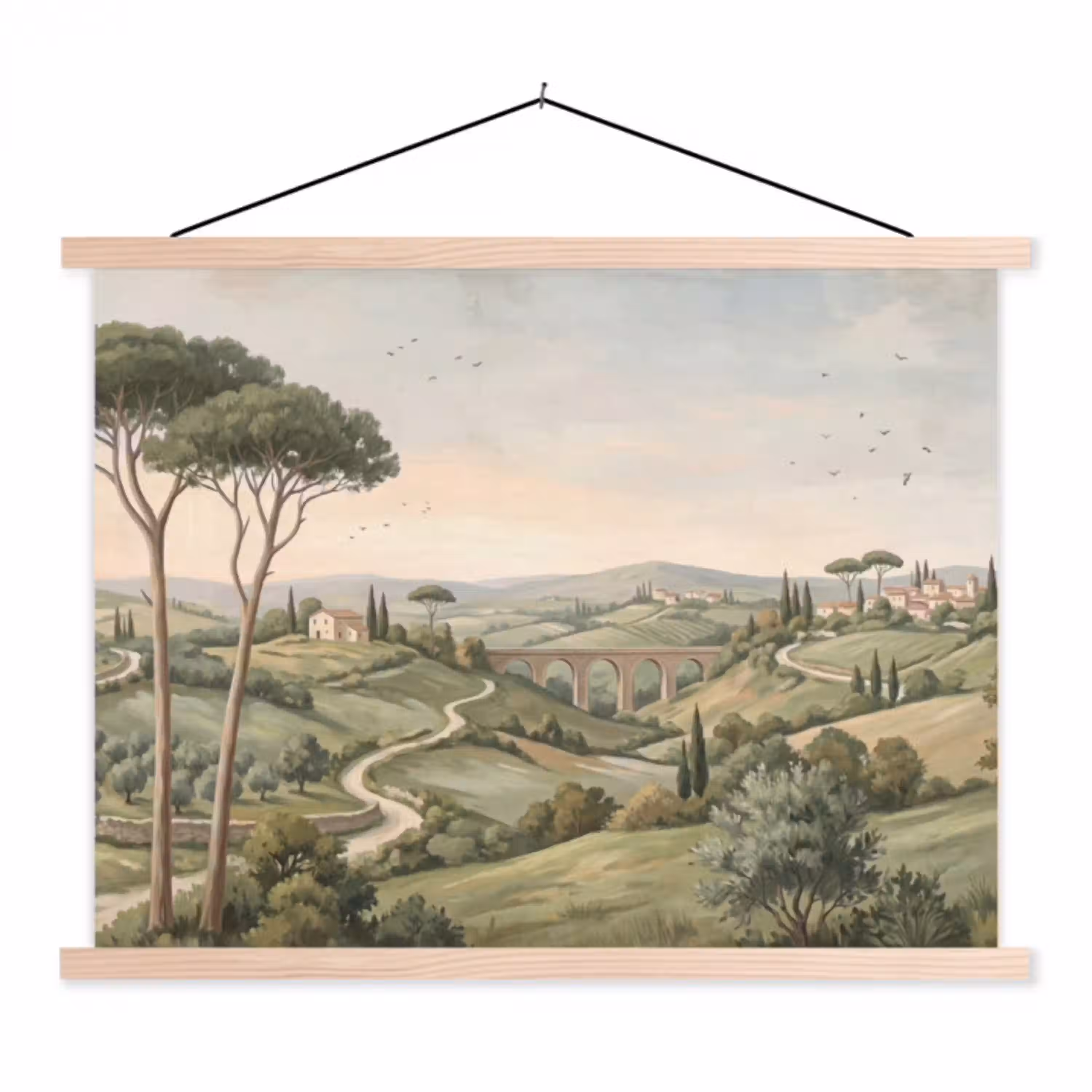 Landschap - Heuvels - Zandpad - Groen textielposter latten blank klein -3d