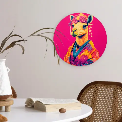 Kameel - Bloemen - Kimono - Waaiers Wandcirkel plexiglas klein -sfeer4