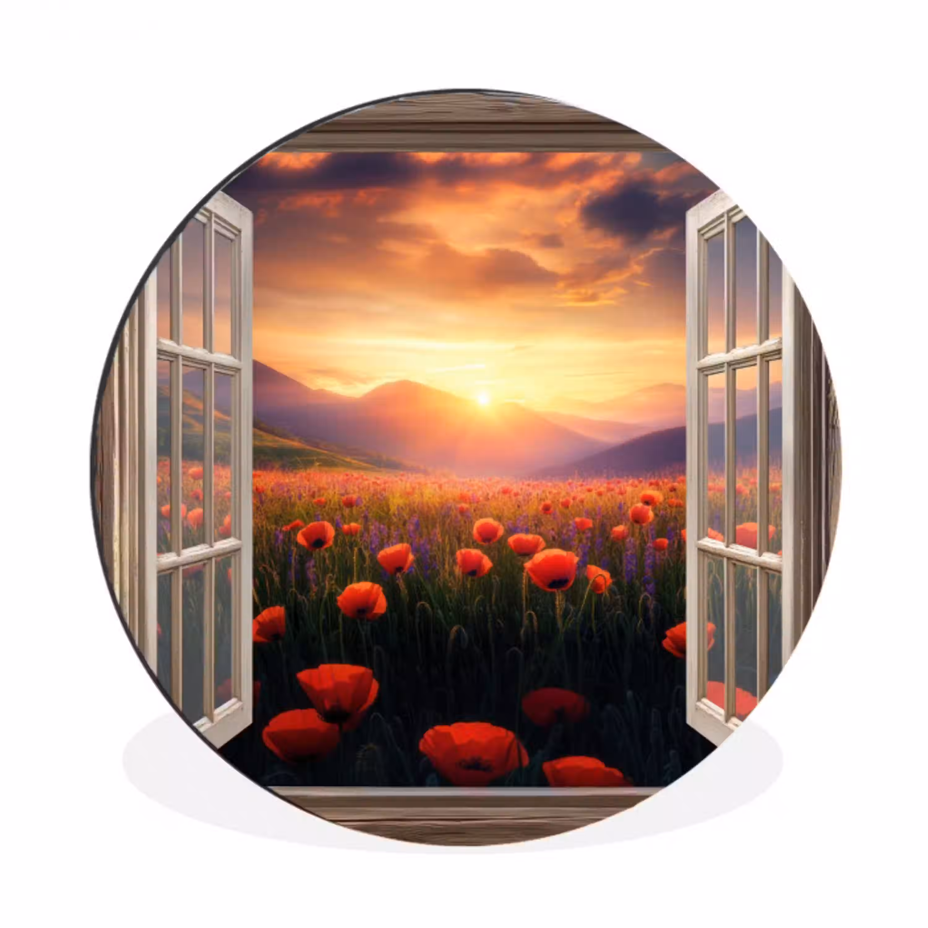 Doorkijk - Klaprozen - Bloemen - Rood - Open raam Wandcirkel aluminium klein -3d