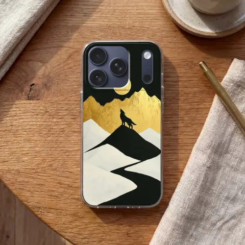 Wolf - Bergen - Maan - Zwart Telefoonhoesje iPhone 17 Pro klein -sfeer1