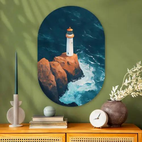 Vuurtoren - Rots - Zee - Golven Wandcirkel Ovaal Glas middel -sfeer2