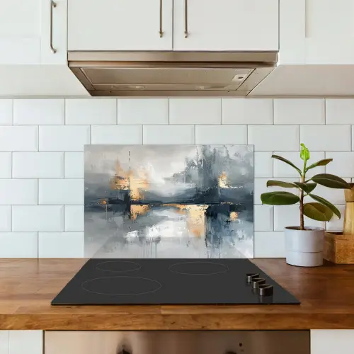 Kunst - Grijs - Goud - Abstract keuken achterwand spatscherm klein -sfeer2