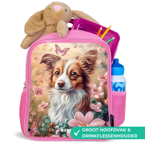Hond in bloemenveld met vlinders Kinderrugzak - Roze middel -inhoud_NL
