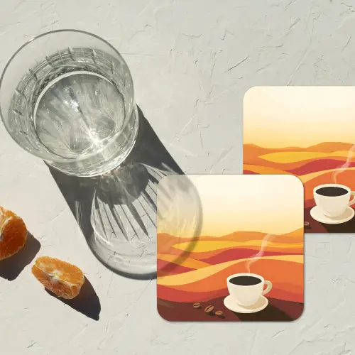 Koffie - Landschap - Oranje - Koffiebonen onderzetter kurk middel -sfeer4