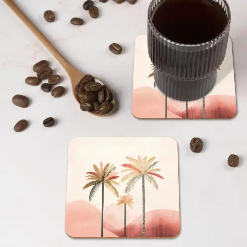 Palmbomen - Heuvels - Minimalistisch - Zachtroze onderzetter kurk middel -sfeer2