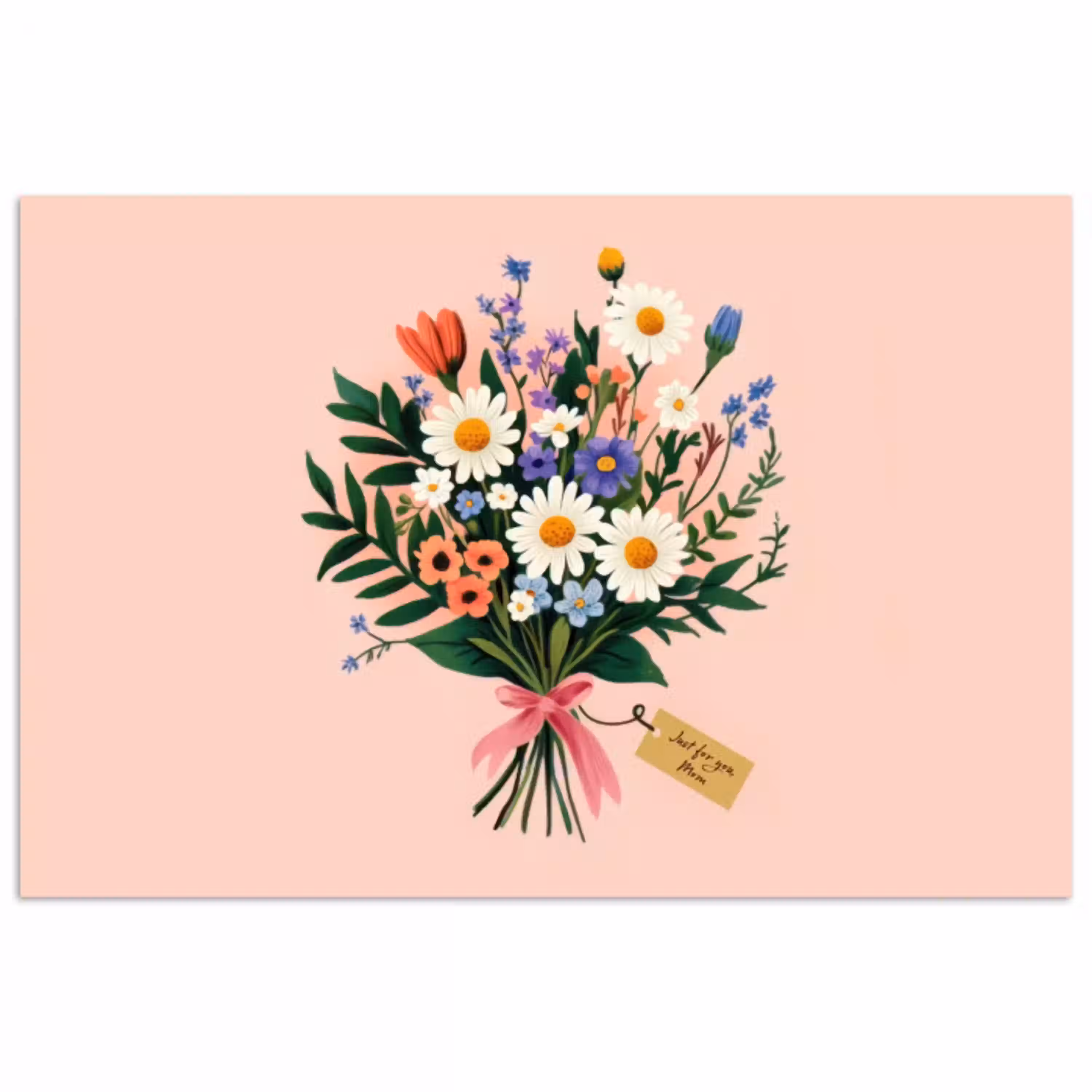 Margrieten - Boeket - Strikje - Roze poster papier klein -3d