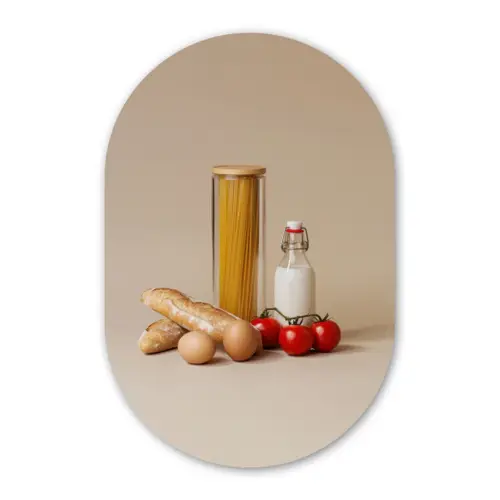 Spaghetti - Melk - Tomaten - Eieren - Brood Wandcirkel Ovaal Glas middel -3d
