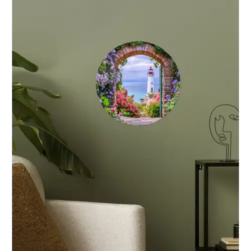 Doorkijk - Vuurtoren - Bloemen - Uitzicht Wandcirkel behangsticker klein -sfeer2