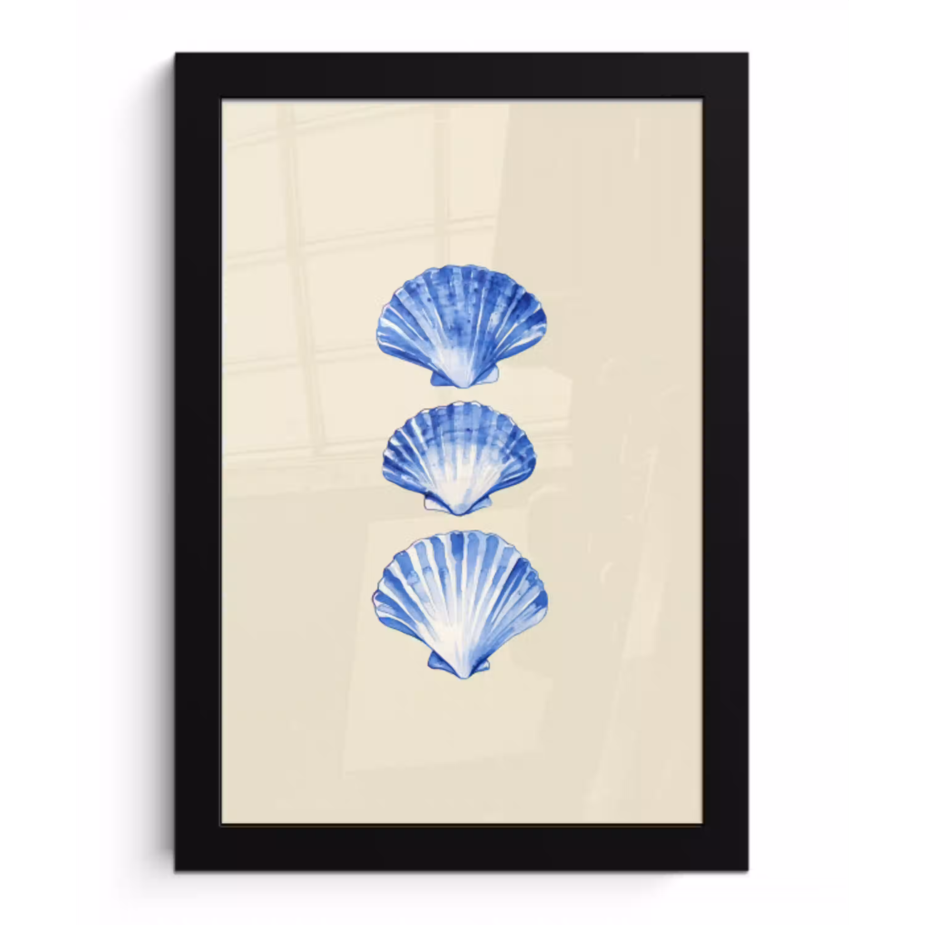 Schelpen - Blauw - Beige fotolijst zwart zonder passe partout klein -3d