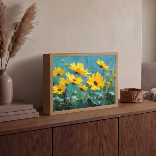 Penseelstreken - Bloemen - Felgeel - Abstract Light Box met batterij (Wandlamp) middel -sfeer2